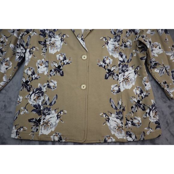 Isaac Mizrahi Blazer Women Large Beige Black Floral Print Casual 2 Button Jacket - Picture 10 of 16